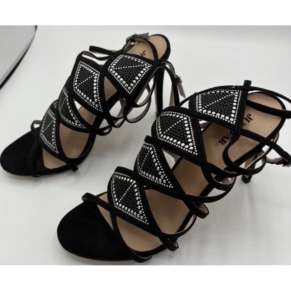 Justfab NIB Chiara Strappy High Heel Shoes Sz 8.5 Black Silver 4 Inch Heel - Picture 5 of 10